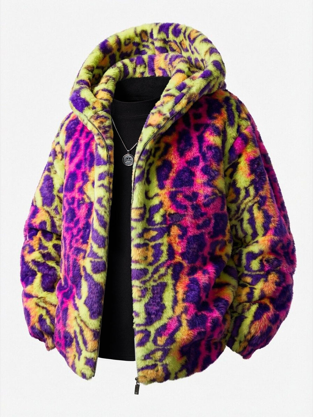 Manteau à capuche en fausse fourrure léopard Coloré™