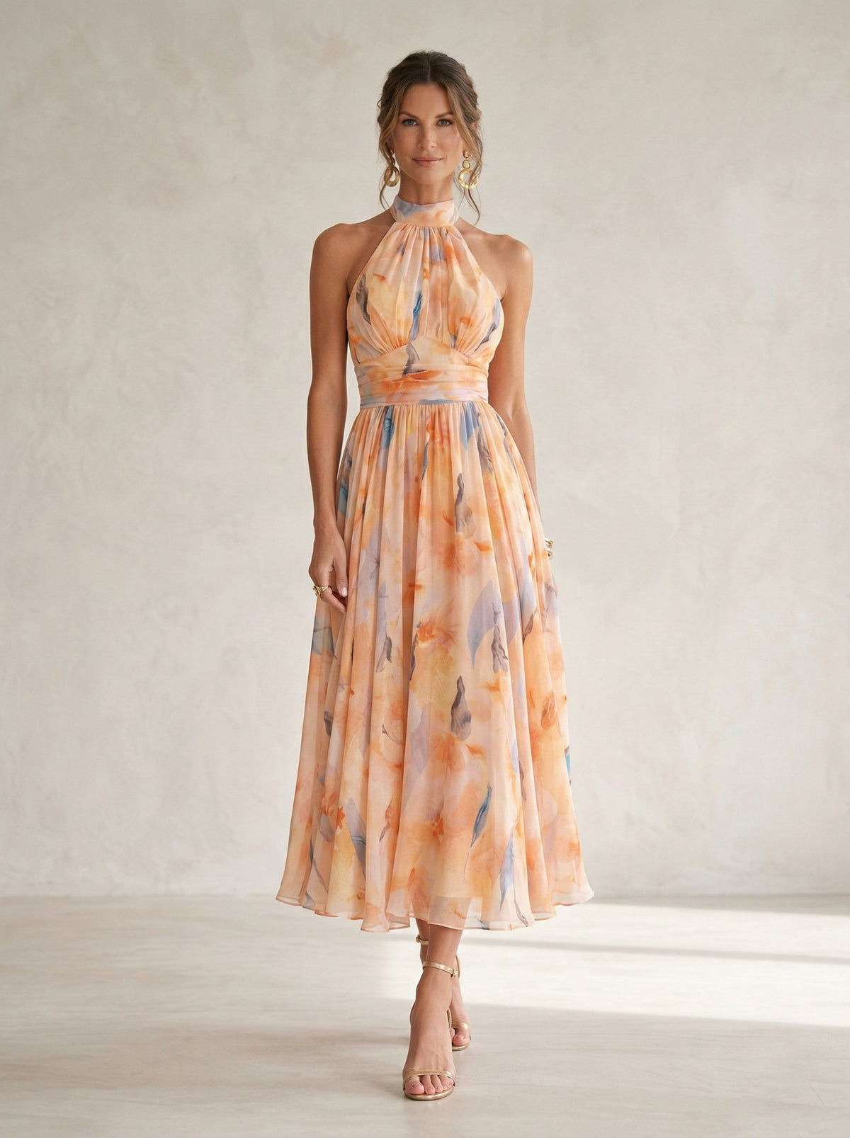 Abito con Collo Halter con Stampa di Acquerello