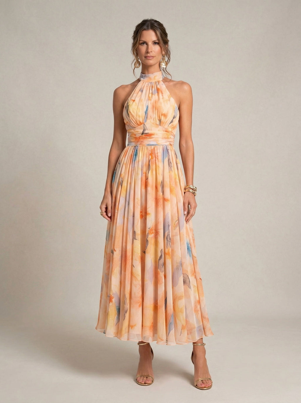 Abito con Collo Halter con Stampa di Acquerello
