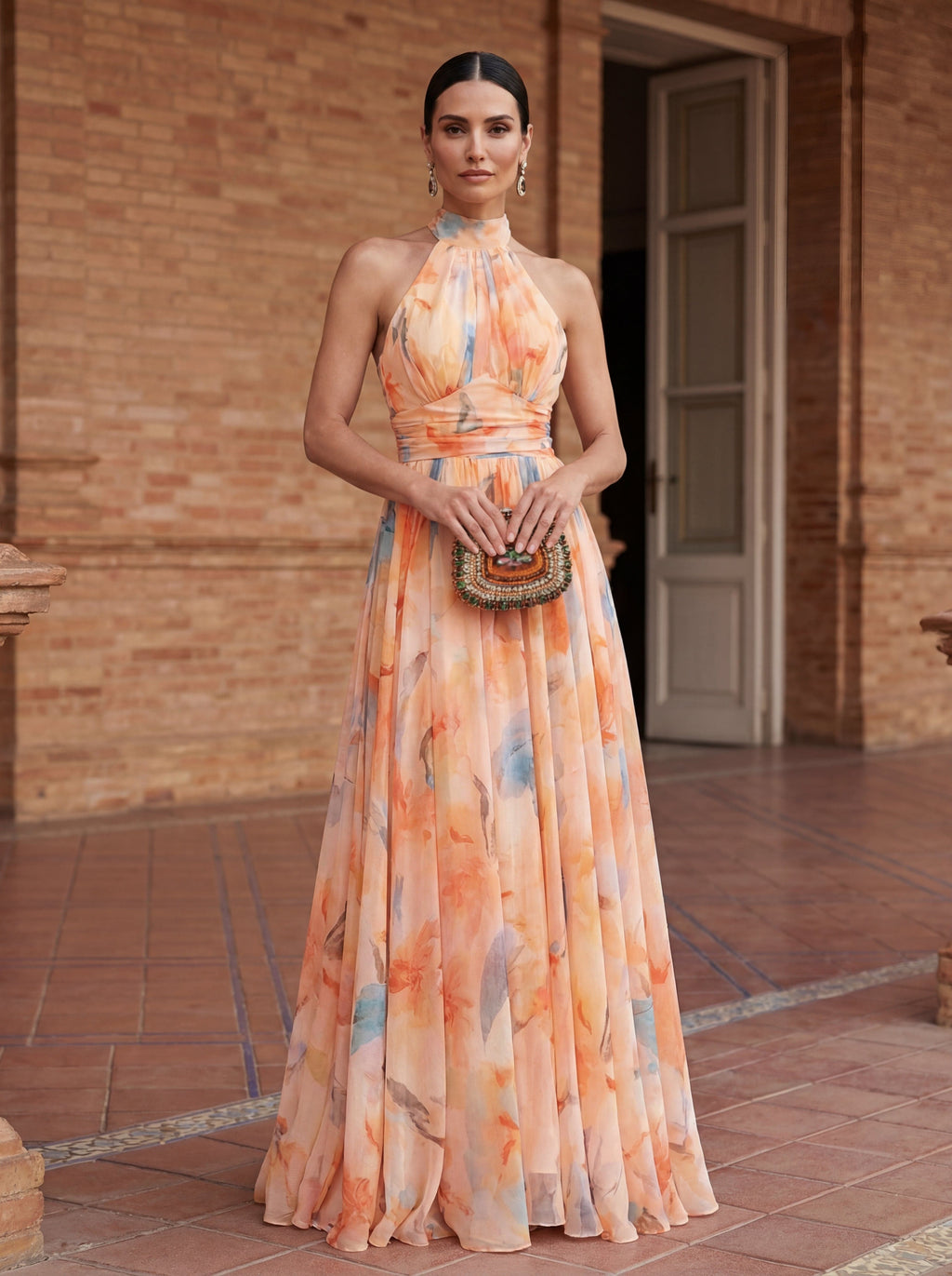 Abito con Collo Halter con Stampa di Acquerello