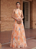 Abito con Collo Halter con Stampa di Acquerello
