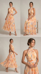 Abito con Collo Halter con Stampa di Acquerello