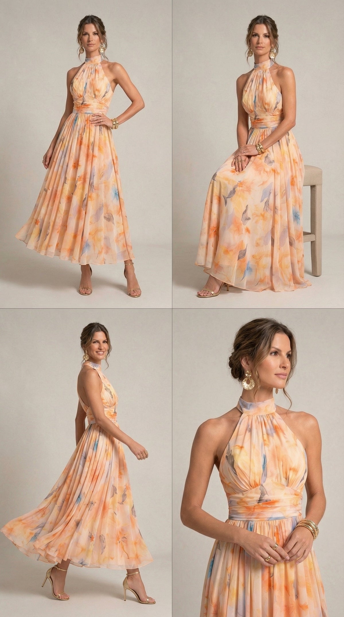 Abito con Collo Halter con Stampa di Acquerello