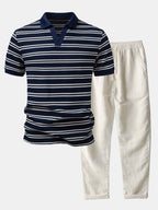 Ensemble polo col Johnny gaufré et pantalon en lin coupe droite™