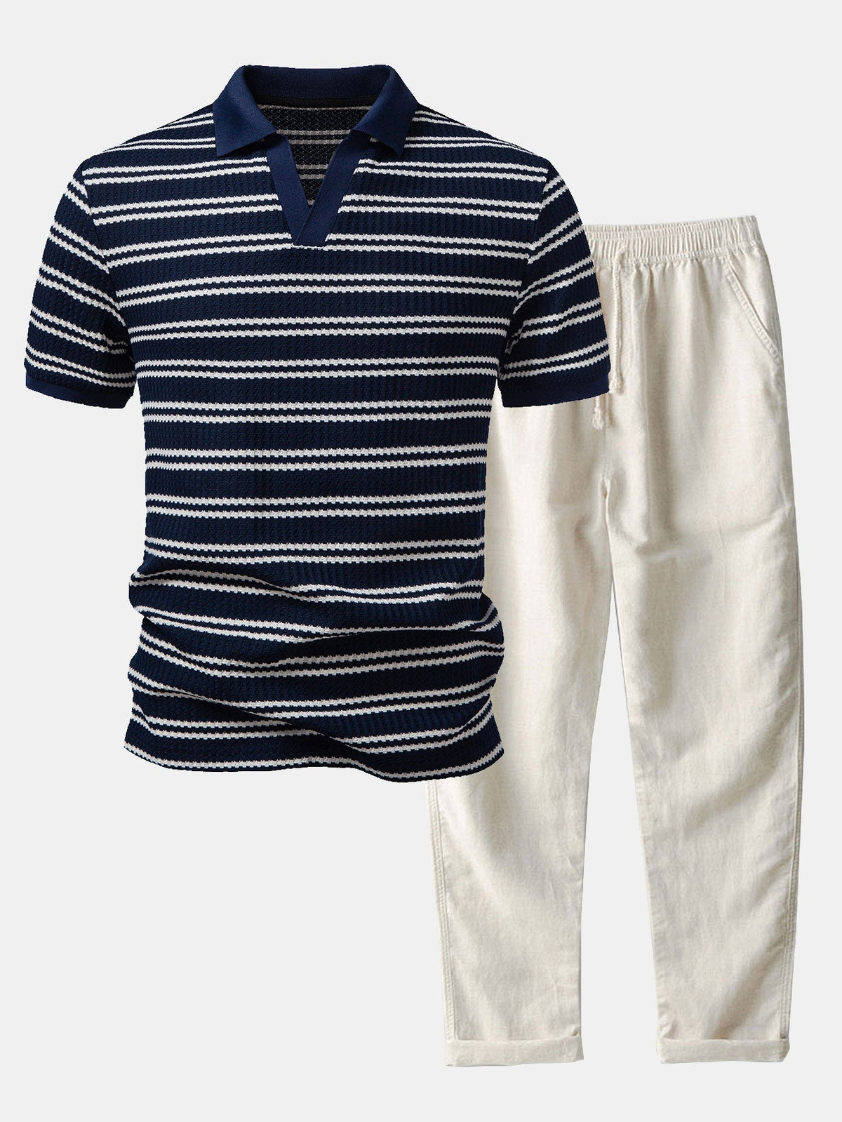 Ensemble polo col Johnny gaufré et pantalon en lin coupe droite™